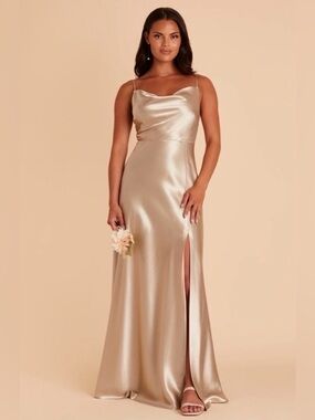 BIRDY GREY XS Satin Cowl Neckline Maxi Gown FRONT SPLIT SPAGHETTI STRAP